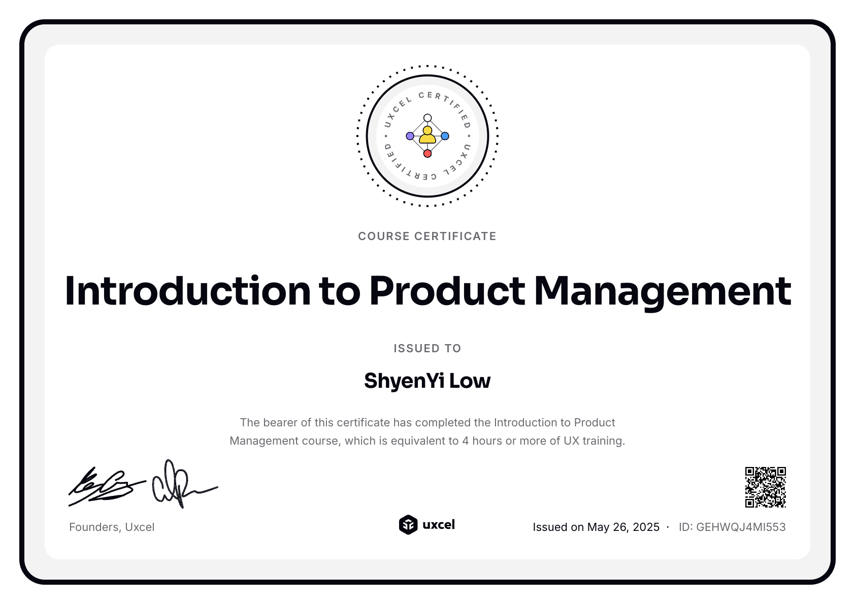 ShyenYi Low's certificate